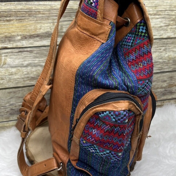 Multicolor Tapestry Embroidered Fabric Tan Leather Trim Drawstring Backpack